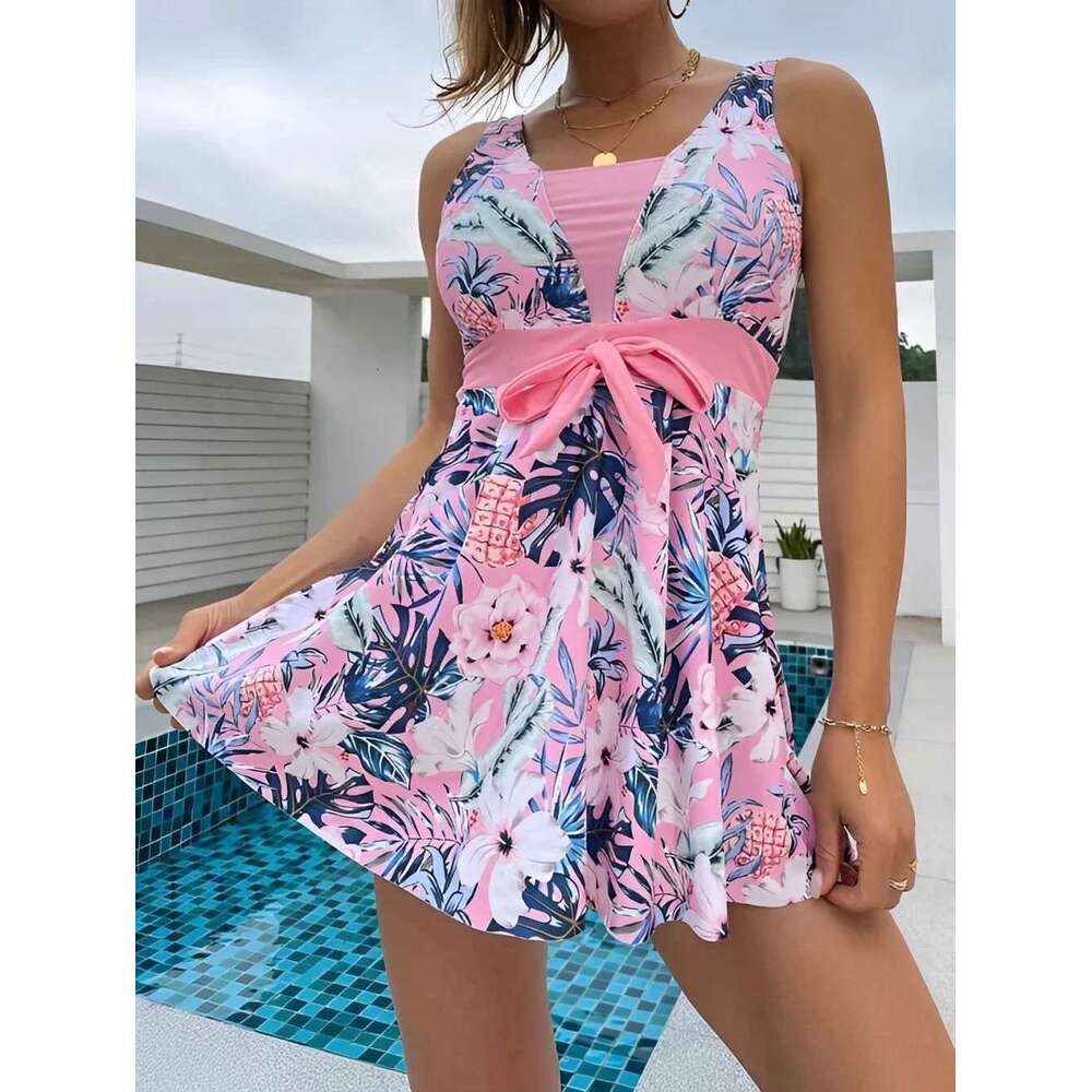 Women's one-piece swimsuit, skirt, push up, tropical print, beachwear, warm spring, women's swimsuit