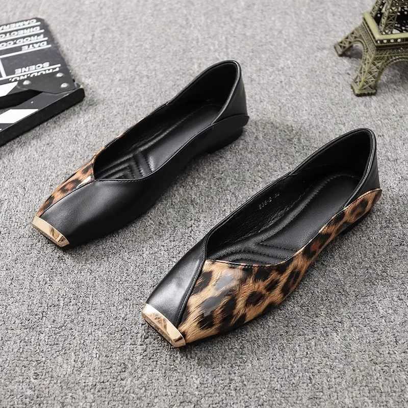 New light soft sole leather sandals for womens apartment square metal head talented leopard print Mary Jane ballet ZapatoXJ250319
