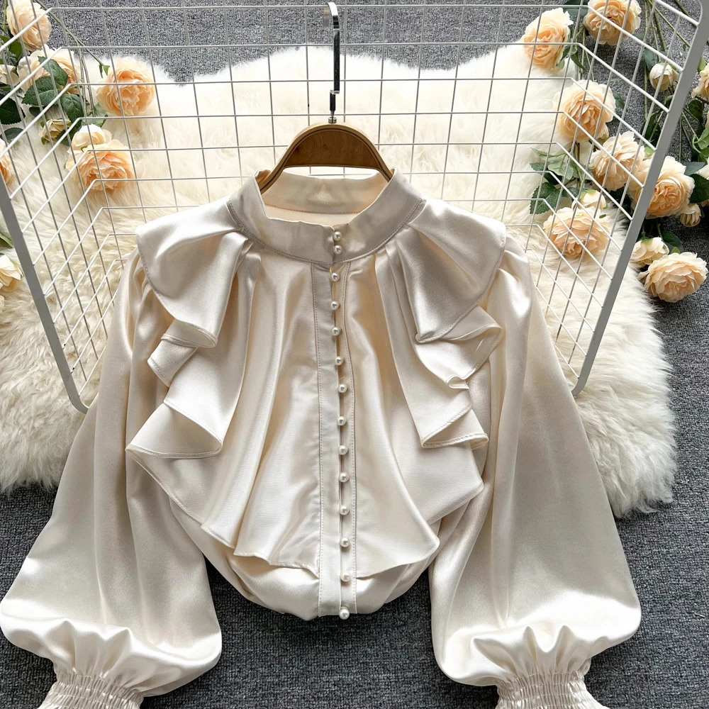 High quality satin loose fitting shirt with long sleeves pleated edges Oneck beaded beads elegant office womens casual Gothic style 250319