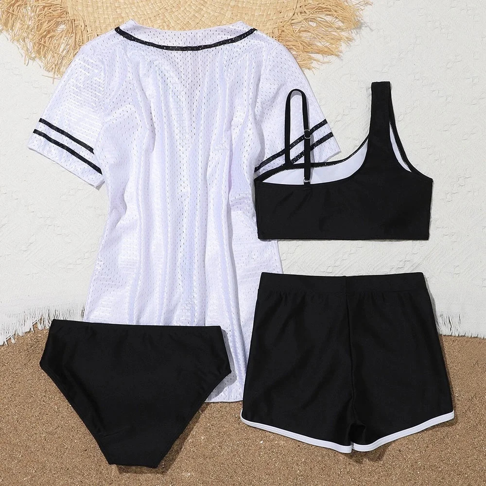 Girls 4pack Letter Print Bikini Sets with Shorts Mesh White Cover Ups Swimsuit 8-12 Years Childrens Swimwear Sport Bathing Suit 250319