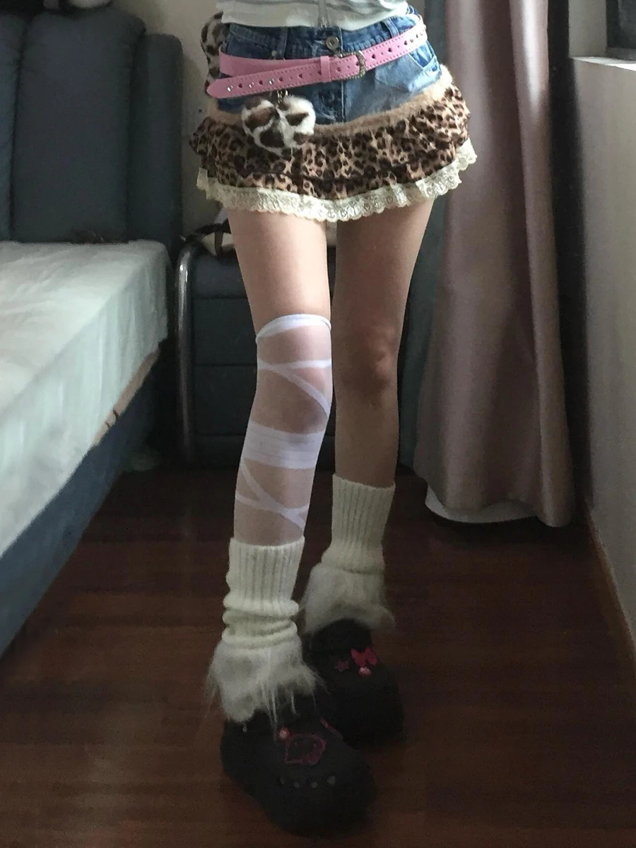 ReddaChic Retro Leopard Cake Skirt Pompom Heart Keychain Women Low Waist Ruffled Inner Shorts Mini Skirt Grayu Y2k Streetwear 250319