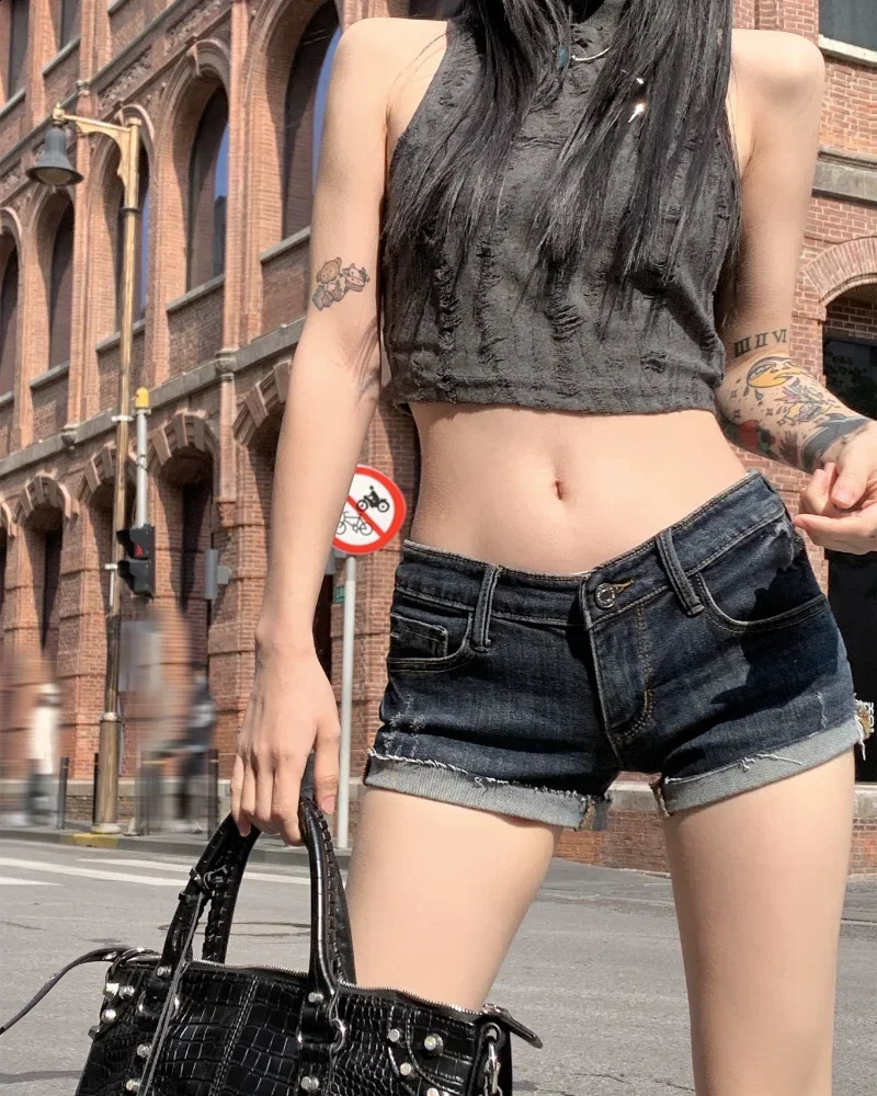 Womens Low Rise Elastic Tight Curled Denim Shorts Summer Girl Street Casual Hip Wrap Sexy Mini Shorts Female 250319