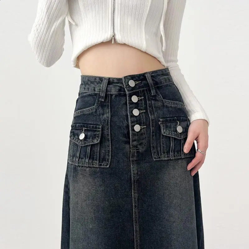 High-waisted Cargo Denim Skirt Womens Autumn Long A-line Mid-length Skirt Retro Raw Edge Y2k Female Clothing Korean Style 250319