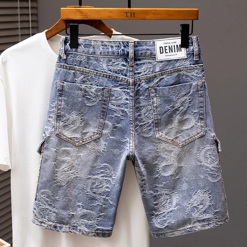 2024 Summer Thin Personalized Dragon Pattern Fashion Loose Denim Shorts for Men Street Straight Blue Male 250319