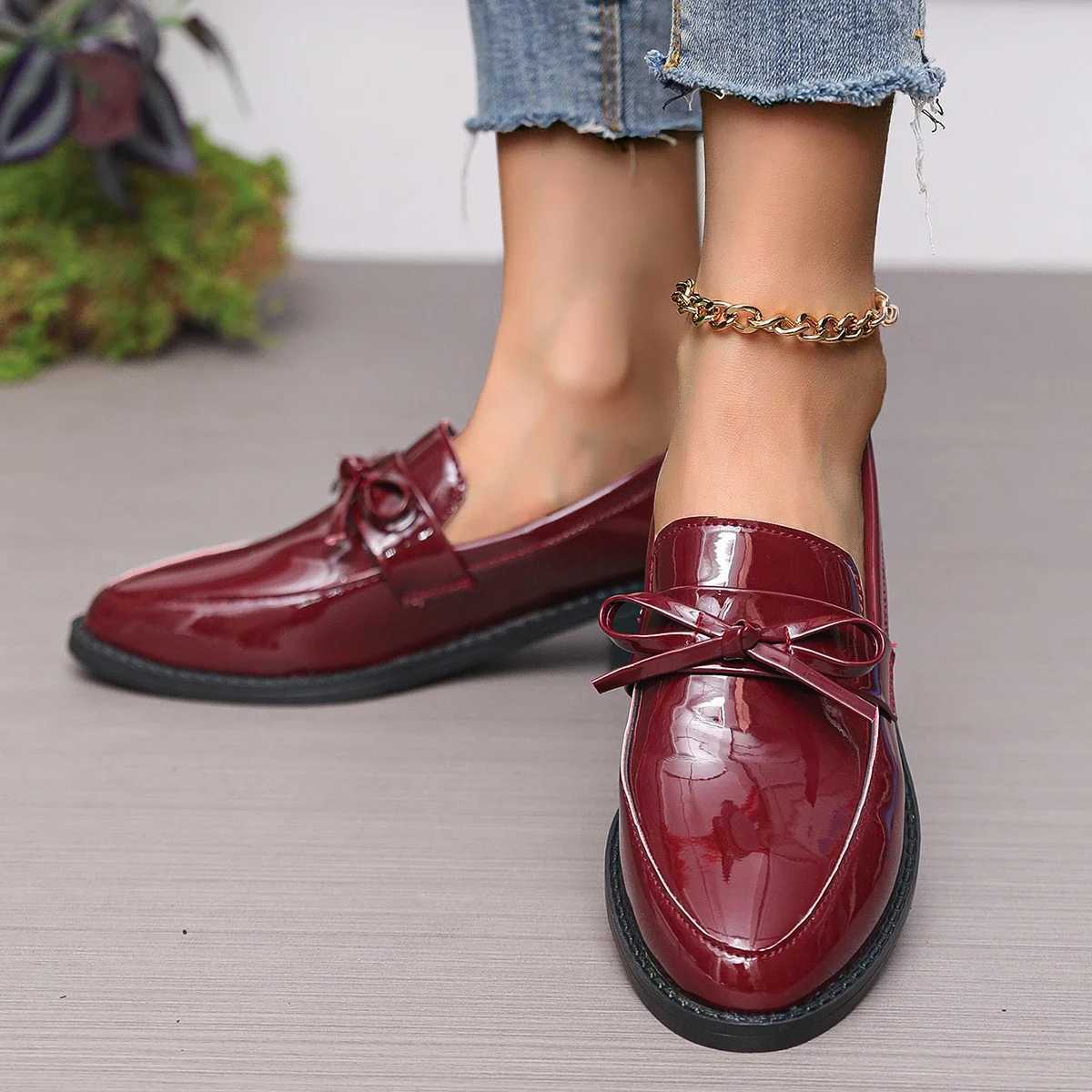 PU Leather Womens Shoes 2025 Spring Pointed Toe Slip- Womens Casual Loafers Elegant Bow Office Med Heel Shoes Womens ShoesXJ250319