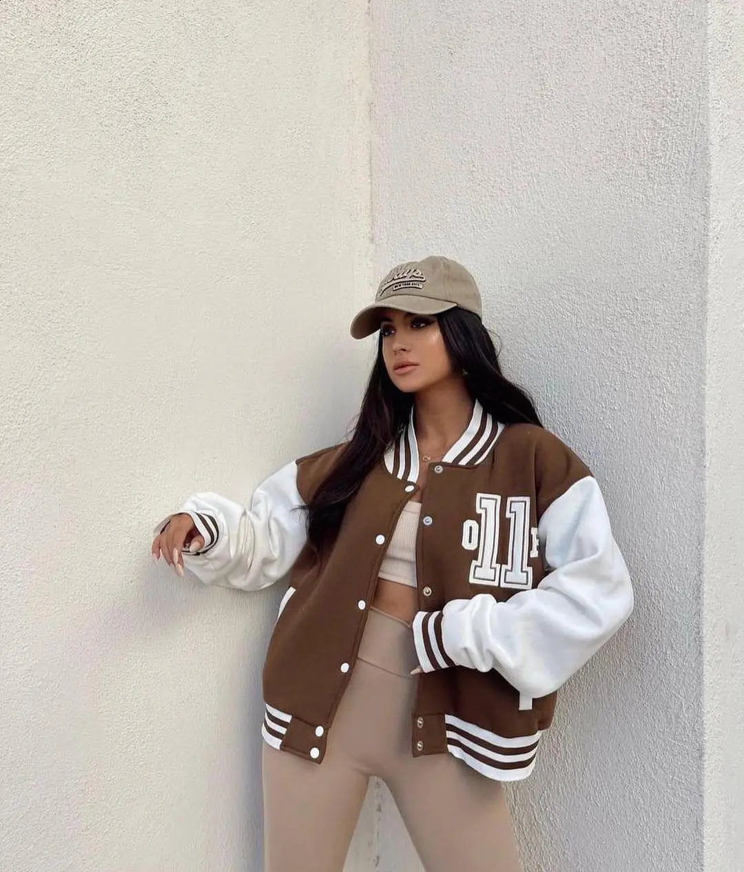 Winter womens baseball jacket with letter printing bracket collar loose street style elastic striped cuffs fashionable 250317