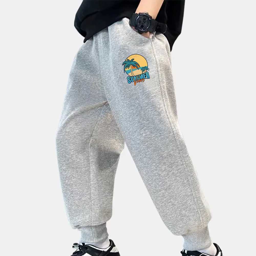 Autumn children and youth sports pants Beach sunset print childrens casual sports sweatpants loose mens and womens clothingT250318