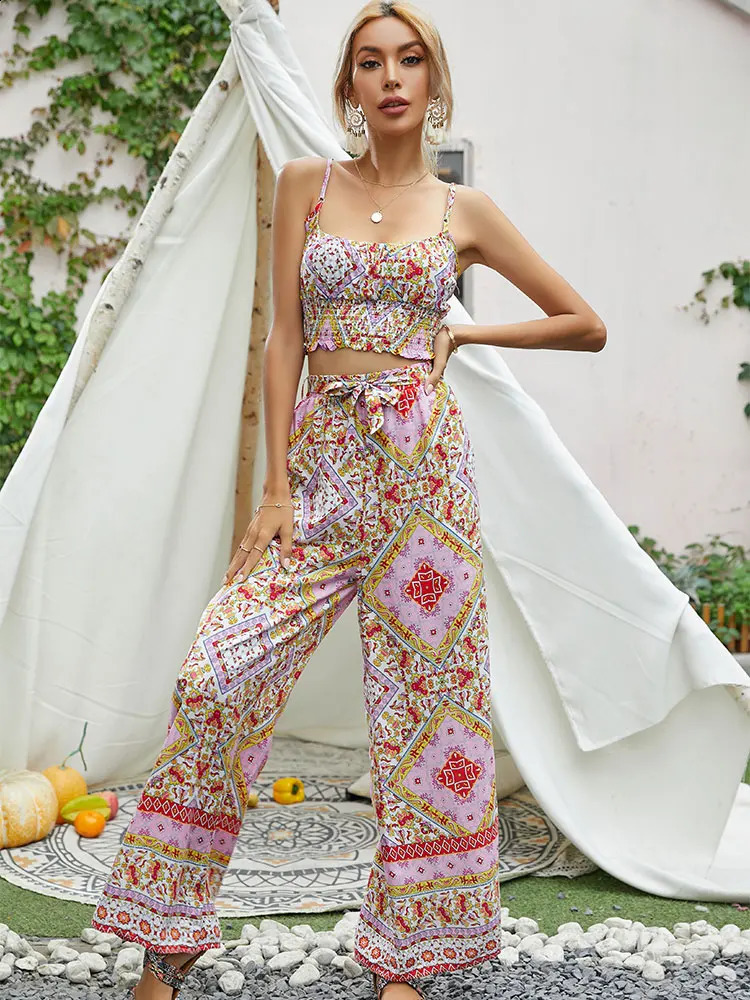 TRAFZA Summer Women Boho Two Piece Print Outfits Strap Sleeveless Tops High Waist Drawstring Trousers Holiday Beach Lady Sets 250319
