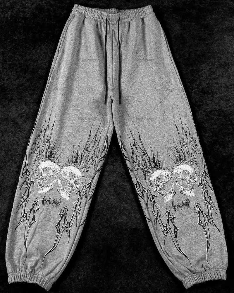 Gothic Punk Y2K Harajuku Streetwear Trousers Hip Hop Retro Skull Print Sweatpants Men Trendy Drawstring Loose Casual Sport Pants X250319