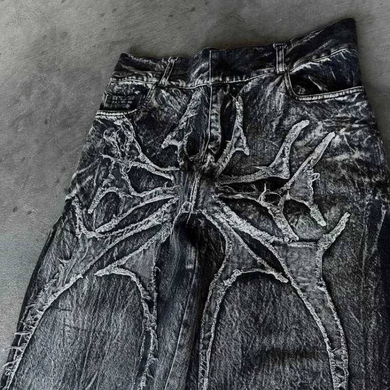 Y2K High Quality Vintage Jeans Spider Embroidered Patchwork Pattern Casual Wide Leg Jeans Gothic Men Women Hip Hop StreetwearT250319