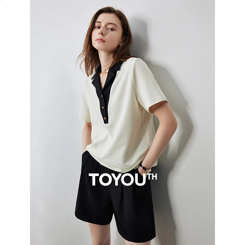 TOYOUTH Women Contrasting Colors POLO Collar T-shirt 2025 Summer Short Sleeved Top 250318