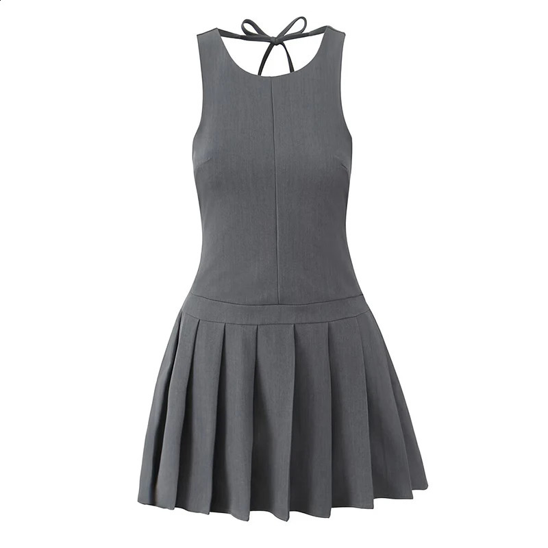 2025 Women Sexy Backless Black Gray Tank Dress Low Waist Pleated Hem Aline Short Summer Dresses High Street Robe 250319