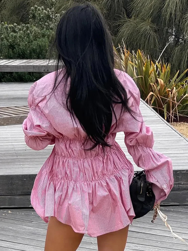 Womens solid pleated collar shirt casual single chest long sleeved loose spring womens high street top 250318