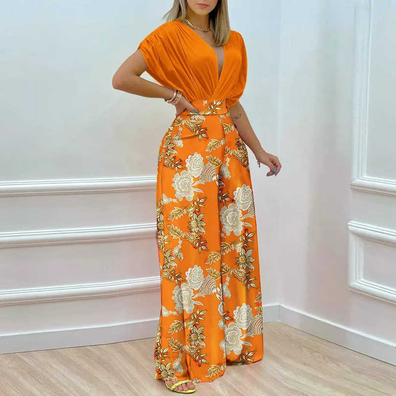 Women's Spring/Summer New Printed Bat Sleeve Top Wide Leg Pants Two Piece Set for Women 250315