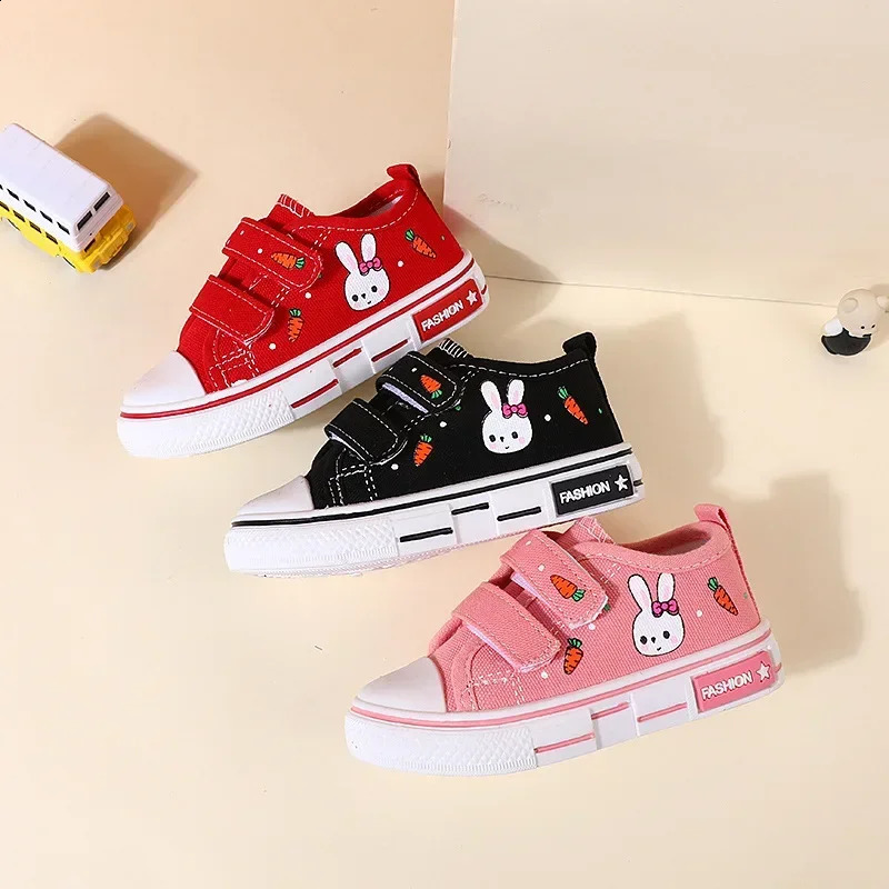 Children Fashion Canvas Sneakers Kids Adorable Rabbit Cartoon Prints Board Shoes Hook and Loop Flat Sole Non Slip Shoes 250319