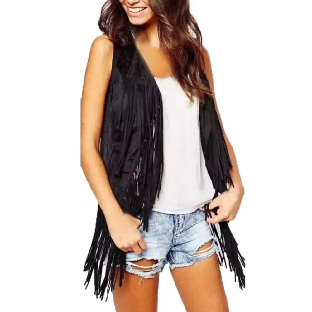 Womens tassel vest retro ethnic synthetic suede sleeveless jacket long edge 70s hippie cardigan party 250319