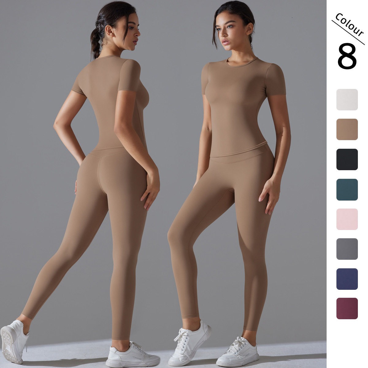 New tracksuit solid color double-sided brushed tight fitting high elasticity breathable set running, fitness, sports, yoga suit for women leggings