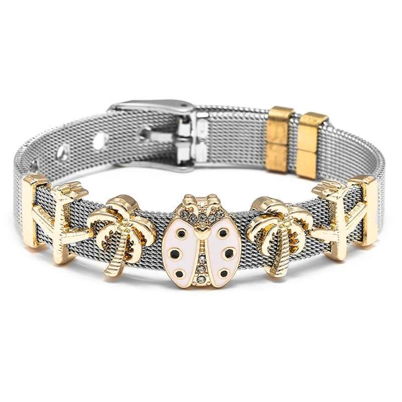 10mm Stainless Steel Mesh Bracelets With Aircraft Coconut Tree Beads Charm Keeper Bracelets Bangles For Women Men Jewelry Gift