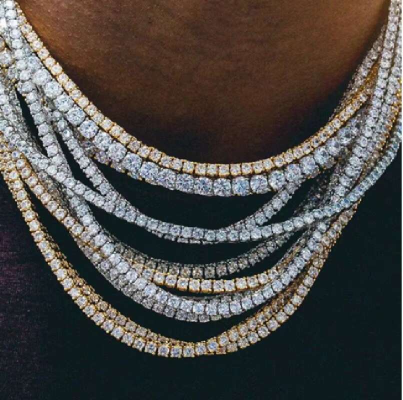 17.5ctw Ice Cold Hip Hop 3mm Necklace 22 inch Sier Plated Moissanite Men's Tennis Chain