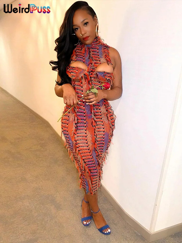 Weird Puss Sexy Hollow Dress Women Knit Colorful Tassel Backless Y2k Summer Trend Stretch Sleeveless Elastic Bodycon Clubwear 250319