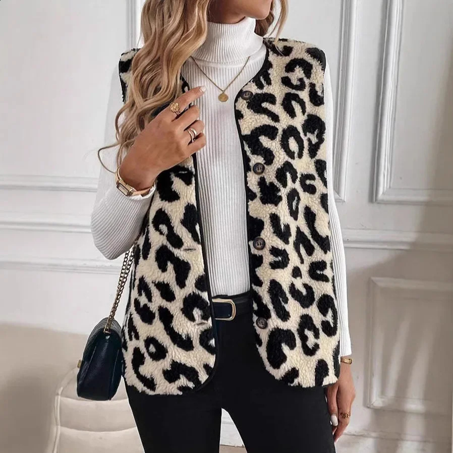 Fashionable and simple front button plush vest 2024 autumn winter leopard print womens jacket Vneck Chinese 250319
