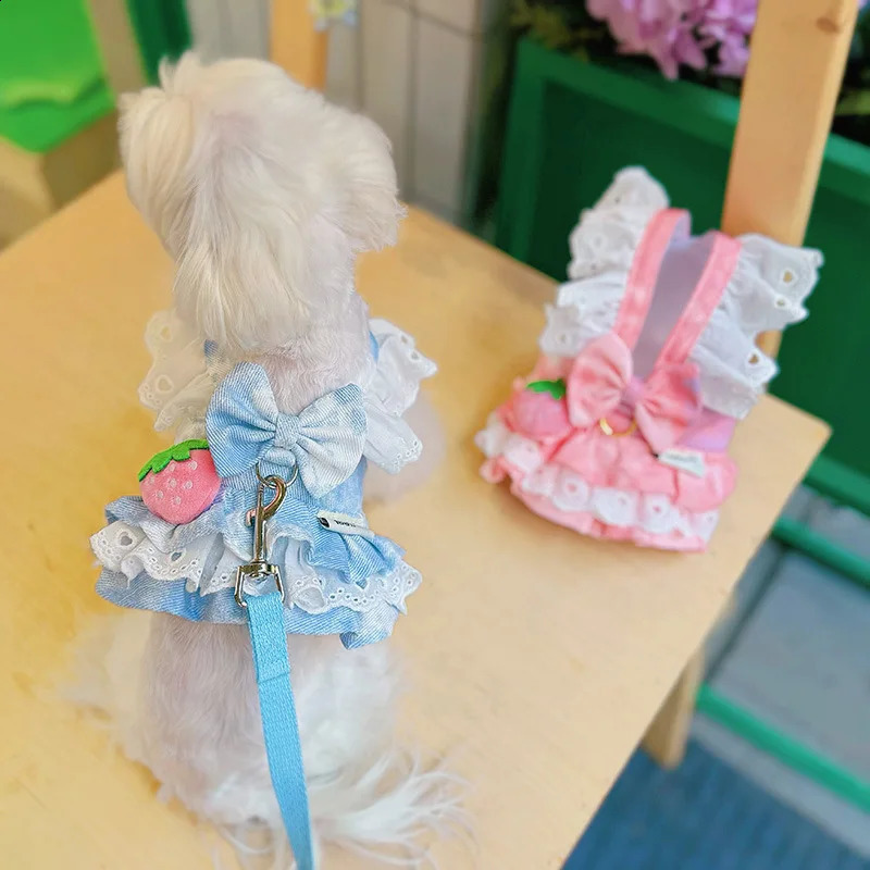Ultra thin Demin dog dress shoulder strap princess mini teddy bear traction spring summer pet cat suit Ropa Para Perro with belt 250318