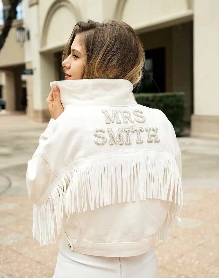 Wedding custom denim jacket with edge wedding personalized denim pearl womens jacket bride party bride becomes Kotz 250317