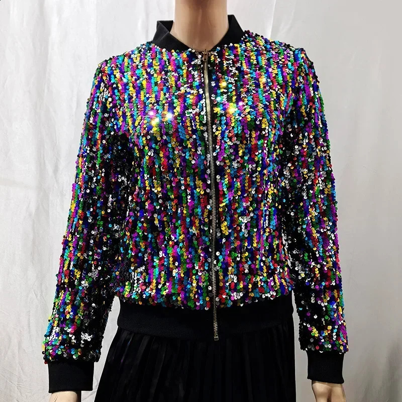 Sequin short zipper jacket Coats womens baseball fashionable gold long sleeved waistband 250317