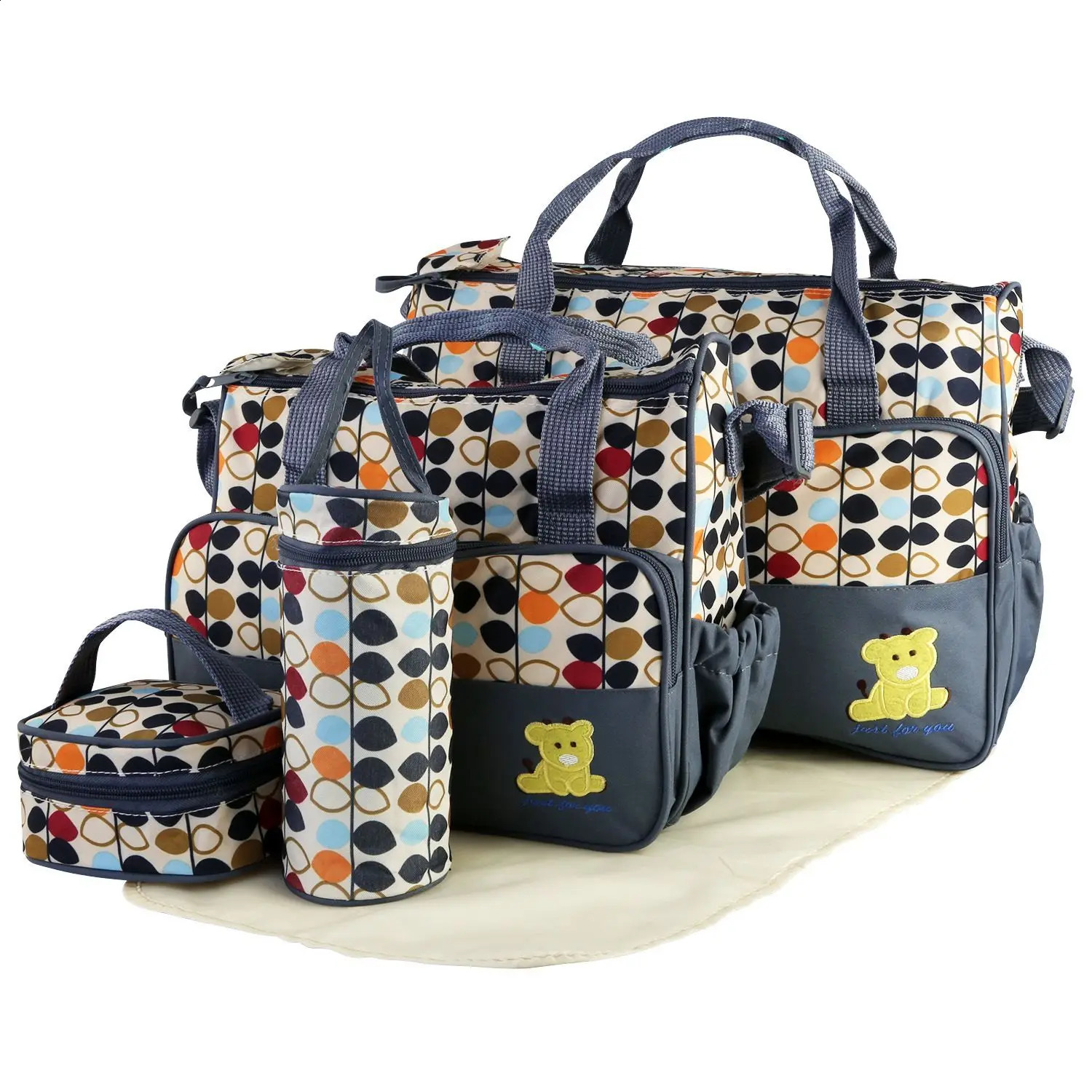 5PCS Baby Nappy Diaper Bags Set Mummy Diaper Shoulder Bags w/ Nappy Changing Pad Insulated Pockets Travel Tote Bags 250319