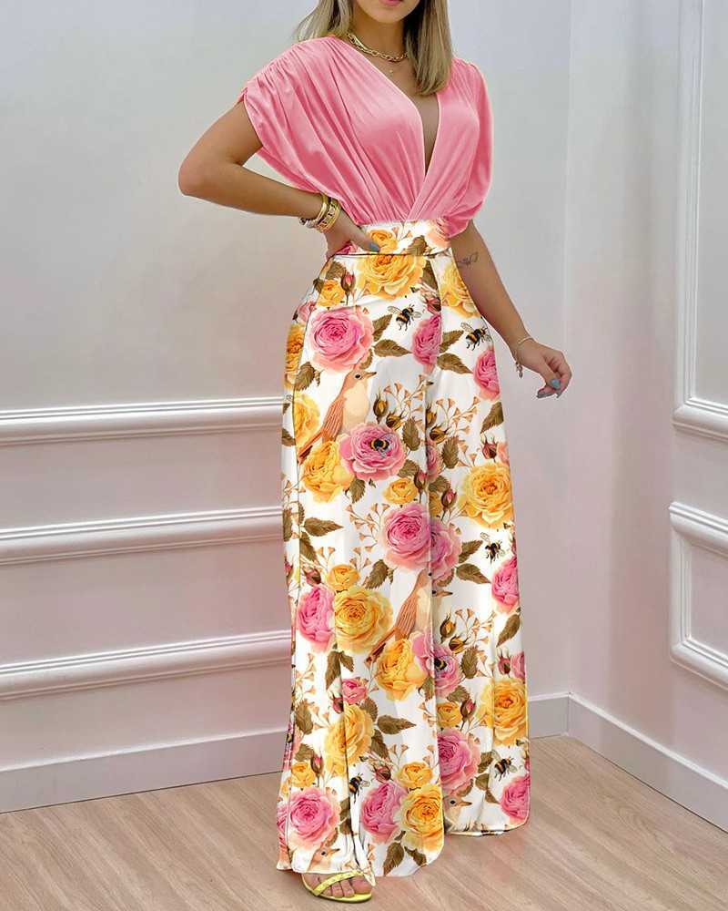 Women's Spring/Summer New Printed Bat Sleeve Top Wide Leg Pants Two Piece Set for Women 250315