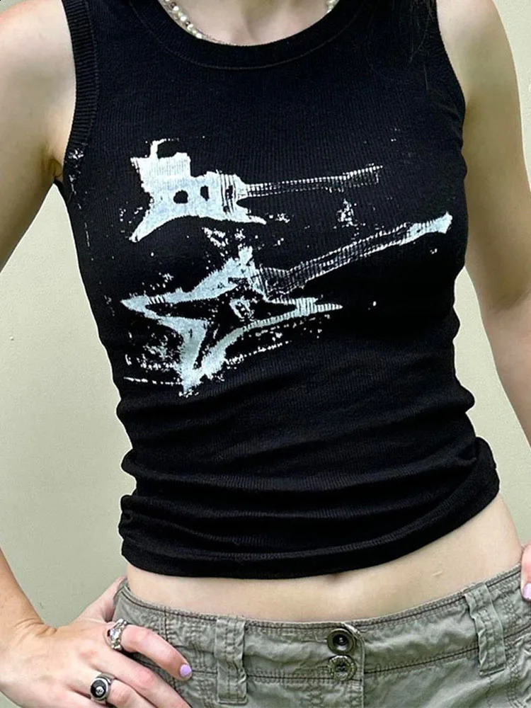 Guitar print sleeveless vest top Y2K casual rib womens Grunge crop Harajuku fashion Tshirt 90s street set 250319