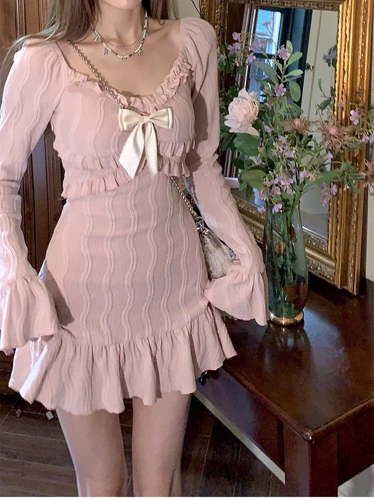 Pink Sweet Slim Y2k Mini Dress Woman French Elegant Flare Sleeve Dress Party Casual One Piece Dress Korean Fashion 250319