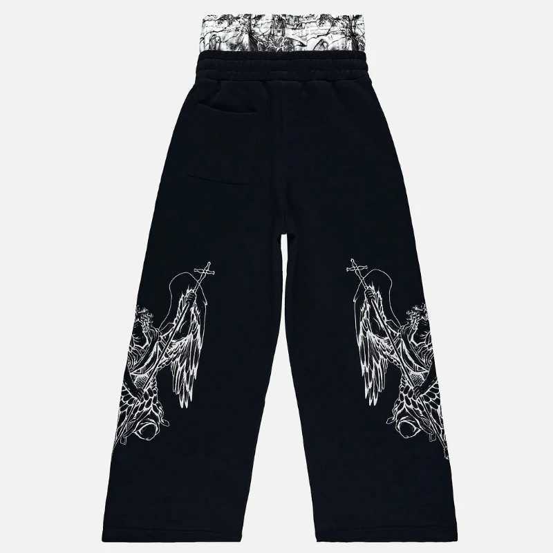 Y2K retro sweatpants high street print camouflage double waist straight leg pants angel pattern solid color men women casualwear X250319