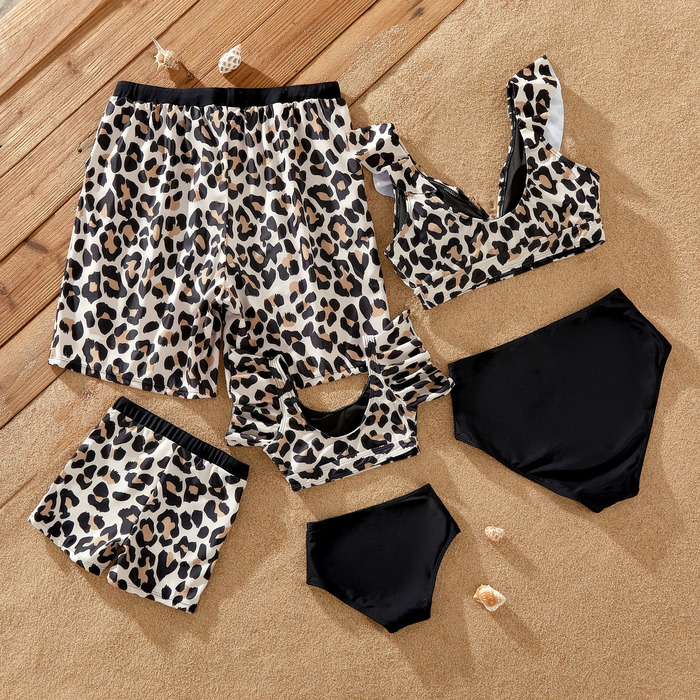 Family Matching Leopard Pattern Drawstring Swim Trunks or Ruffle Neck Two-Piece Bikini with Optional Cover Up Sarong Skirt 250319