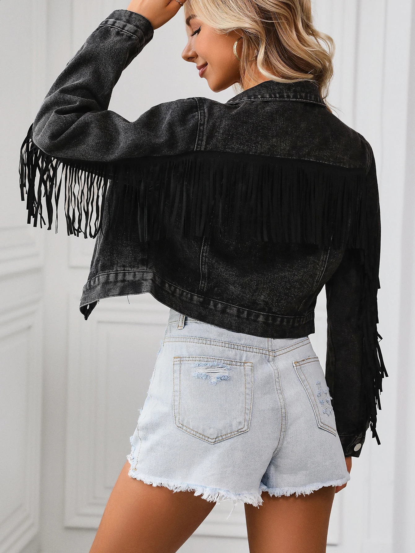 Womens Cropped Denim Jacket long sleeve distressed fringe jean coat 250319