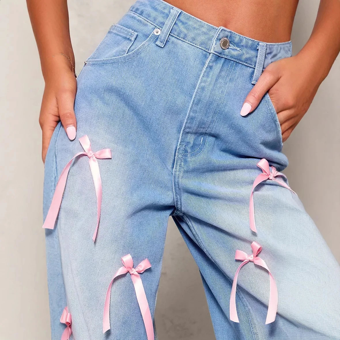 High waisted wide leg denim jeans for womens street style loose fitting bow tie pants from mainland China clothing 250319
