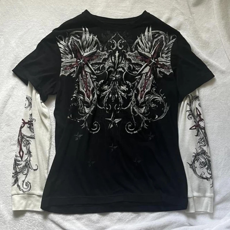 E-girl Gothic Grpahics Print T Shirt Vintage Grunge Mall Goth Pullovers Top Patchwork Long Sleeve Tees Y2K Dark Academia Clothes 250319