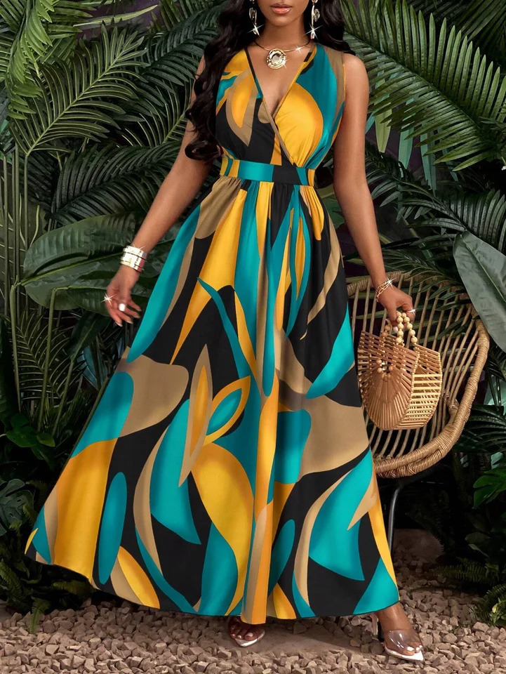 Tropical print V-neck waist cable knit suitable for flame retardant dresses Maxi womens dress 250317