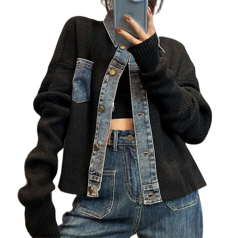 Womens Denim Stitching Sweater Jacket Autumn Fashion Loose Short Knitted Cardigan Lady Coats Casual Denim Jacket Women 250317