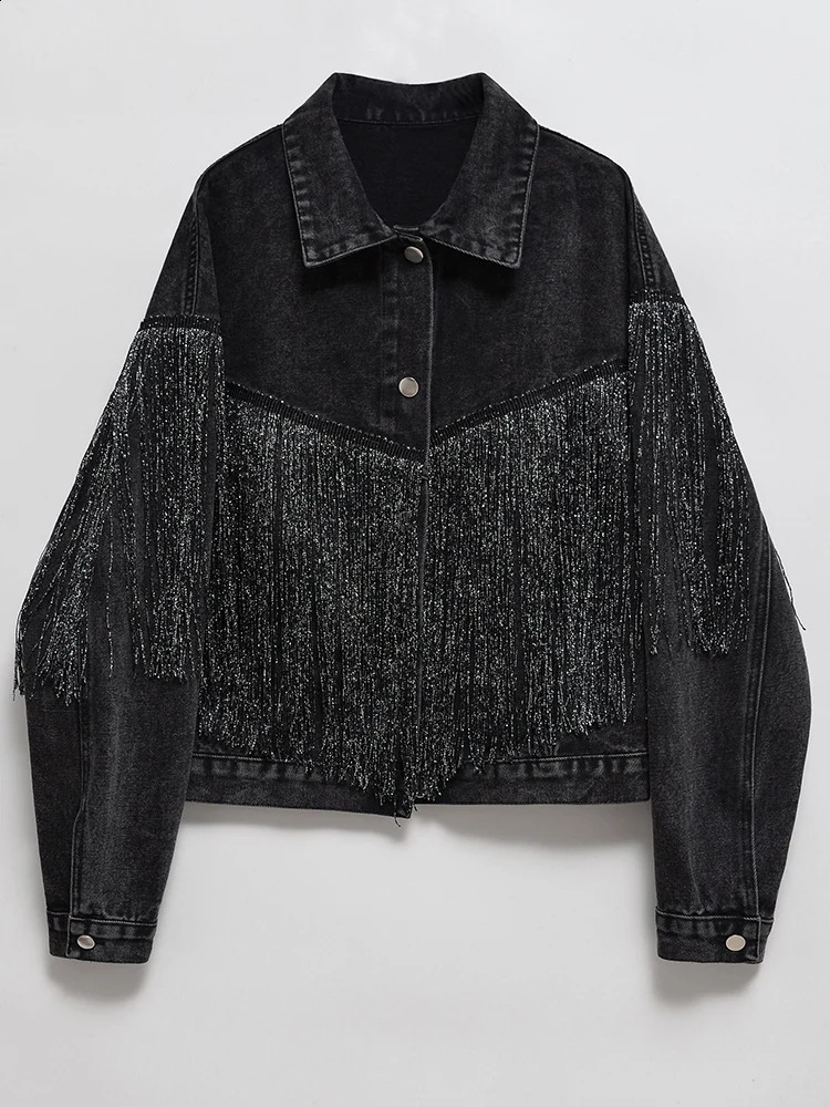 Fitaylor autumn womens retro loose tassel single chest short denim jacket long sleeved lapel 250319