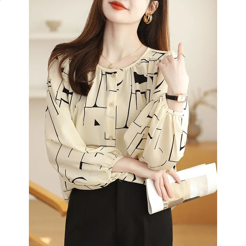 SpringSummer Loose Abdominal Cover Abstract Printed Batwing Sleeves Advanced Chiffon Shirt Womens Button Casual Top 250319