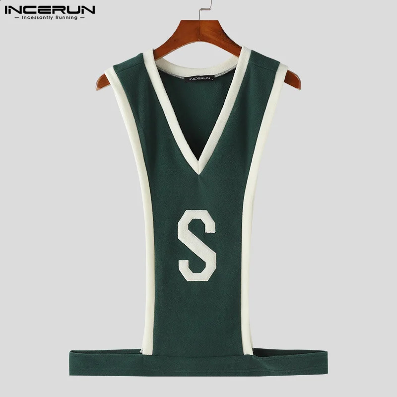 INCERUN Tops Korean Style Sexy Fashion Men S Letter Pattern Splicing Striped Vests Summer Casual Sleeveless Tank Tops S-5XL 250319