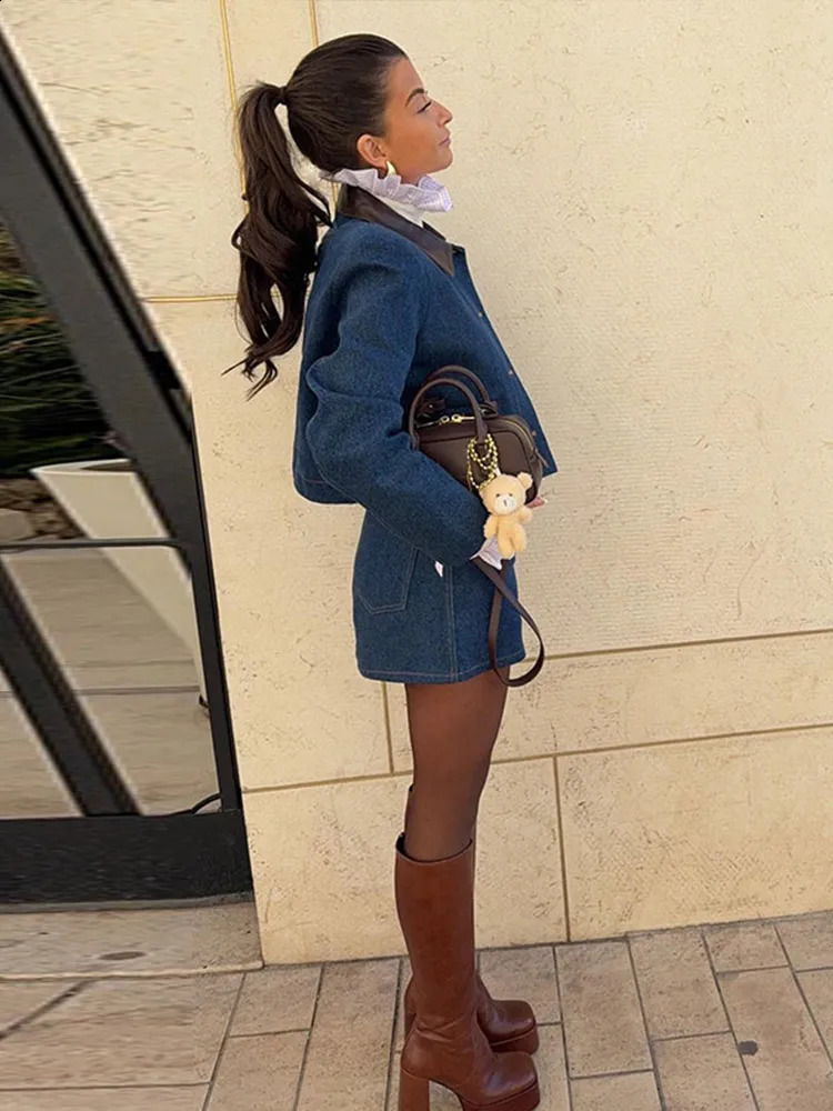 Casual Denim Shorts Jackets Sets Women Lapel Single Breasted Patchwork Pu Coats Suit Female 2025 Spring Street Set 2 Pieces 250319