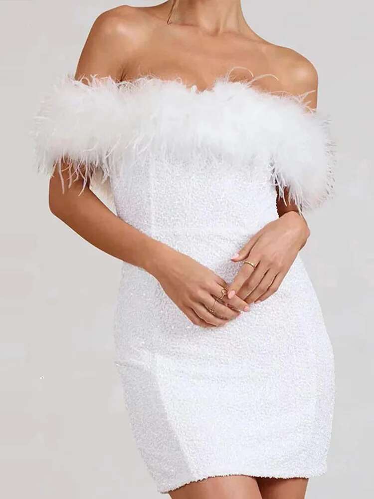 dongdumaoyi Chic Solid Feather Patchwork Women Mini Dress Elegant Sequins Off shoulder Slim Female Dress Sexy Sleeveless Lady Party Robe