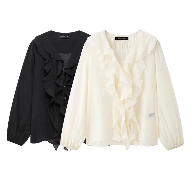 Spring Womens Ruffle Elegant Shirt and Long Sleeve Translucent Top 250318