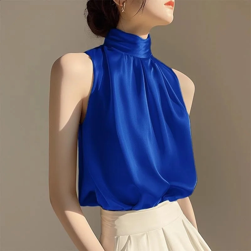 2025 Silk Satin Sleeveless Crop Top Summer Half Turtle Collar Womens Folded Tshirt Sleeve Vest Loose Shirt Red Party 250319