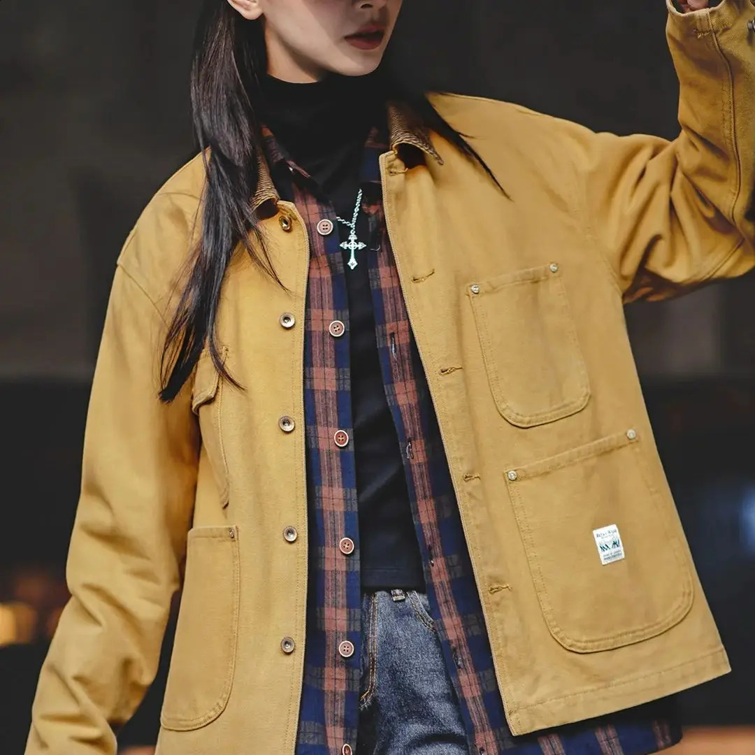 Maden Womens Retro Michigan Canvas Jacket Classic Corduroy Flip Tie 4 Pockets Autumn Cotton 250317