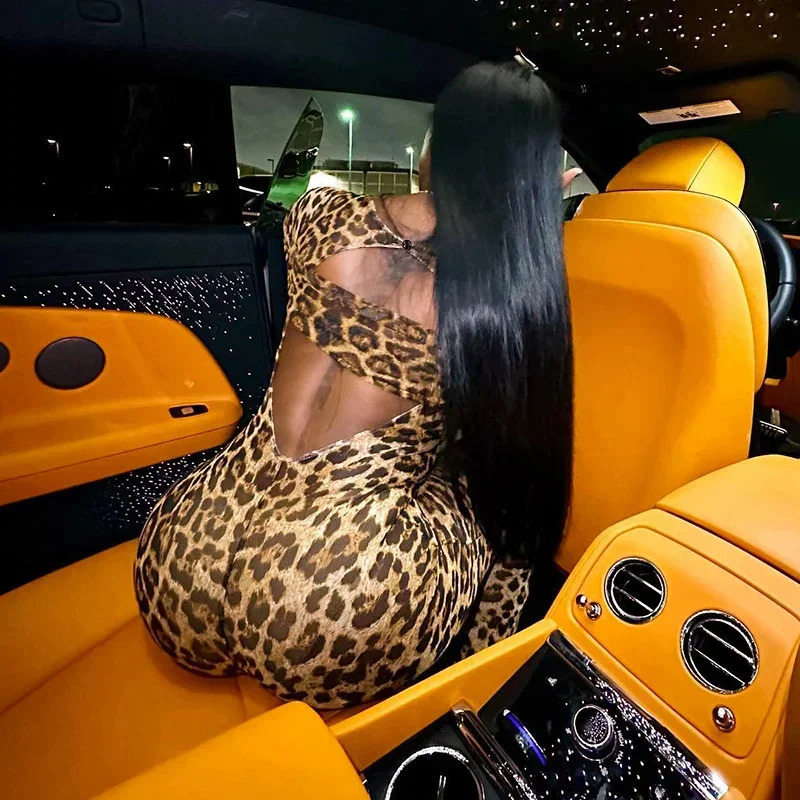 Leopard Print Hollow Jumpsuits Women Sexy V-Neck Full Sleeve Backless Skinny One Piece Overalls Nightclub Y2K Streetwear 250319