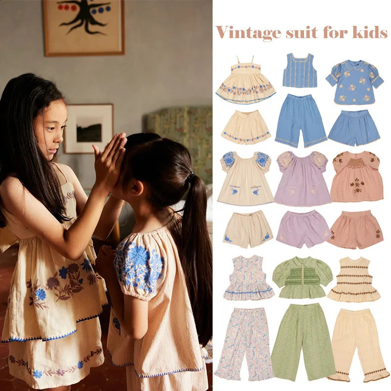 Girls Short-sleeved Top 2025 Summer Fashion Printing Embroidery Girls Short-sleeved Suit Cotton Comfortable Wide Leg Pants 250319