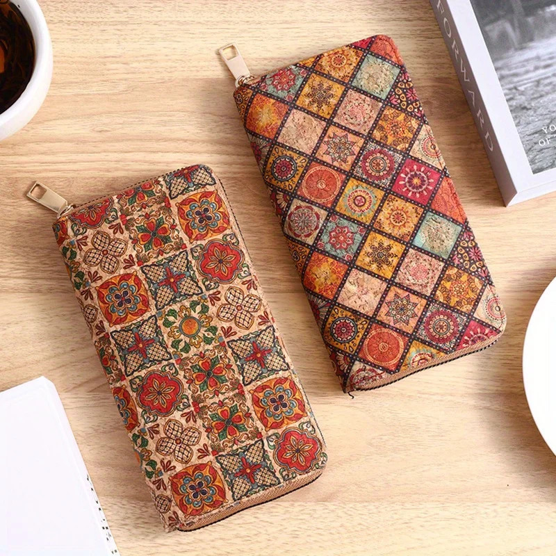 Bohemian PU leather womens long wallet floral printed clutch coin wallet vegan retro artificial wooden credit card holder 250318